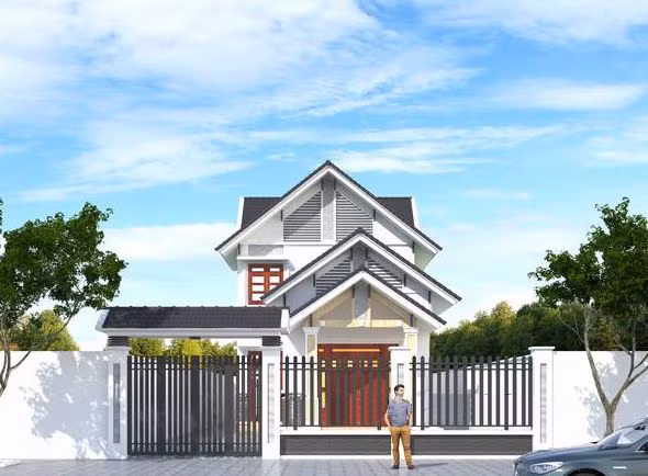 Thiết kế mái giật cấp cùng phần hồi được trang trí những chi tiết đường gờ đẹp mắt, tạo nên một không gian cảm quan tươi mới, bề thế cho căn nhà. Ảnh: Wedo.