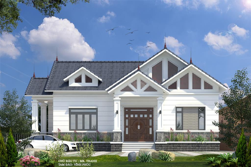 Bậc thang mặt tiền được thiết kế cao thoáng, ốp đá tự nhiên màu nâu tối, giúp thể hiện những đừng nét khoẻ khoắn và bề thế cho nhà cấp 4 hiện đại. Ảnh: Wedo.