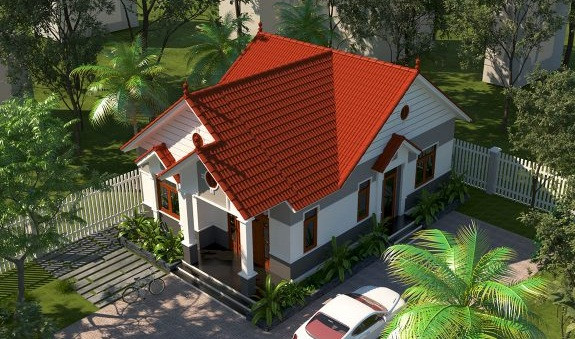 Mẫu biệt thự mái thái 3 phòng ngủ, 1 phòng thờ và 1 phòng khách, có chi phí dưới 700 triệu đồng. Ảnh: Thietkethicongnhadep.