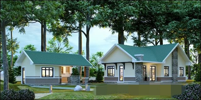 Thiết kế theo kiến trúc biệt thự trệt kiểu Mỹ, nhà vườn 1 tầng có một gian bếp tách riêng để tiện việc nấu nướng trong các dịp giỗ, Tết...Ảnh: Thietkenhadepmoi.