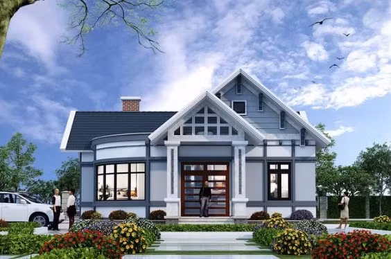 Nhà vườn cấp 4 mang kiến trúc 3 gian mái thái lợp ngói màu xanh lạ mắt. Ảnh: Thietkenhadepmoi.