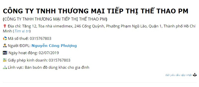 Bên cạnh đó, Công Phượng còn là người đại diện pháp luật cho Công ty TNHH thương mại tiếp thị thể thao PM. Ảnh chụp màn hình.