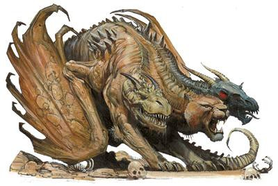 Sinh vật này có khả năng thở ra lửa, có đầu và thân của sư tử, đuôi là một con rắn. Trên lưng nó mọc ra một cái đầu dê và đầu rồng.