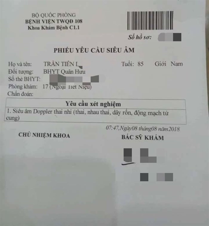 Ai o Benh vien 108 chi dinh cu ong 85 tuoi sieu am thai?