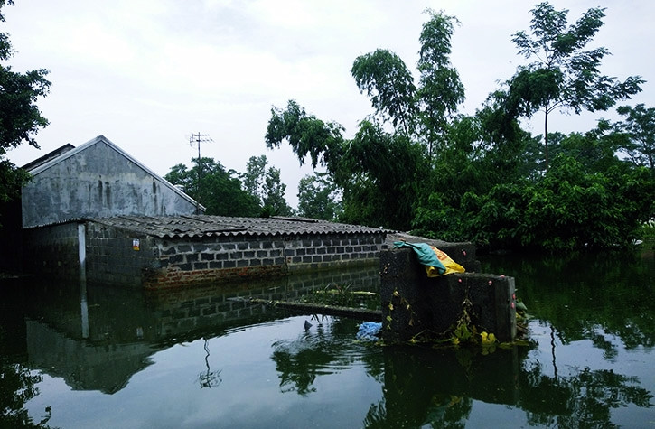 Những ngôi nhà cấp 4 của người dân đều bị nước ngập gần tới nóc.