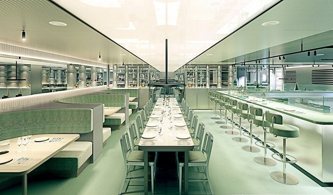 Thiết kế mang lại cảm giác mát lạnh từ kim loại này ở Test Kitchen chính là sản phẩm độc đáo của Concrete Amsterdam. Nó tạo cho du khách một cảm giác dễ chịu với những đường nét đẹp mắt và nội thất sạch sẽ giống như trong phòng thí nghiệm.