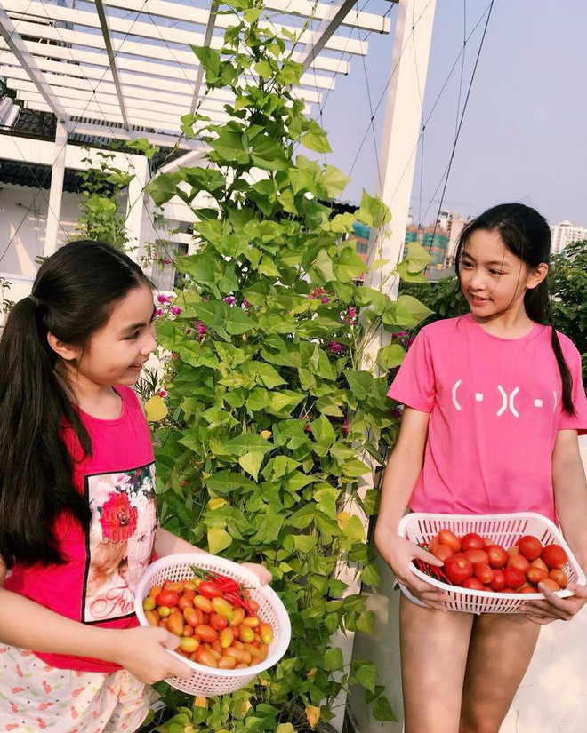 Hai cô con gái được bố mẹ phân công làm việc trong vườn nhà.