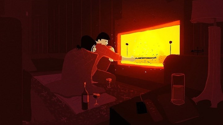 Ôm nhau bên lò sưởi dưới một tấm chăn.