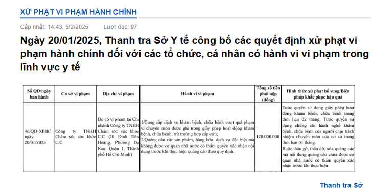 Phong kham tham my da CC Clinic bi tuoc giay phep 2 thang