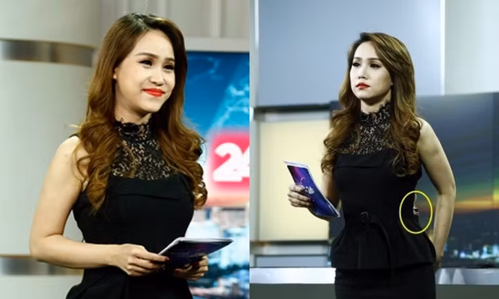 BTV Trúc Mai để lộ việc dùng kẹp giấy để xử lý chiếc váy quá rộng so với vóc dáng.