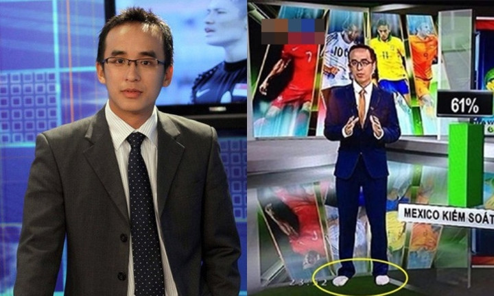Khi máy quay chuyển sang chế độ toàn cảnh, BTV Khắc Cường từng để lộ khoảnh khắc chỉ đi tất trong lúc dẫn chương trình thể thao.