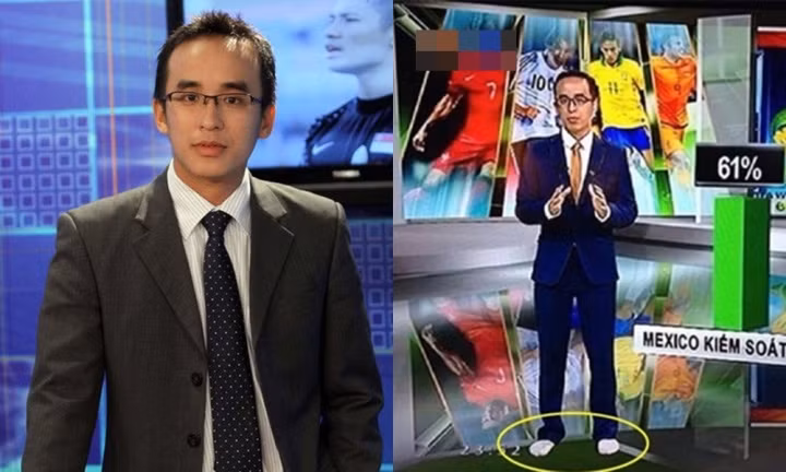 Khi máy quay chuyển sang chế độ toàn cảnh, BTV Khắc Cường từng để lộ khoảnh khắc chỉ đi tất trong lúc dẫn chương trình thể thao.