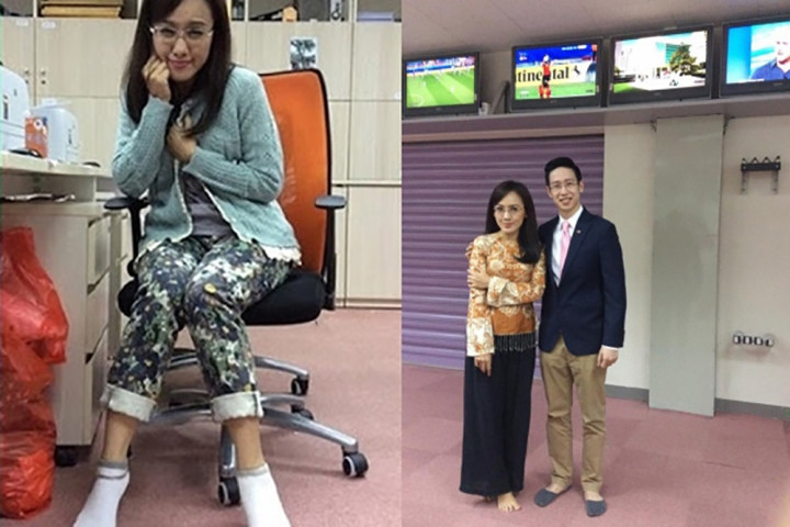 Trang phục tuy lệch tông nhưng tiện lợi của BTV Hoài Anh.