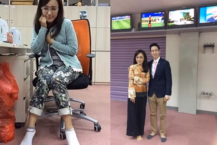 Trang phục tuy lệch tông nhưng tiện lợi của BTV Hoài Anh.