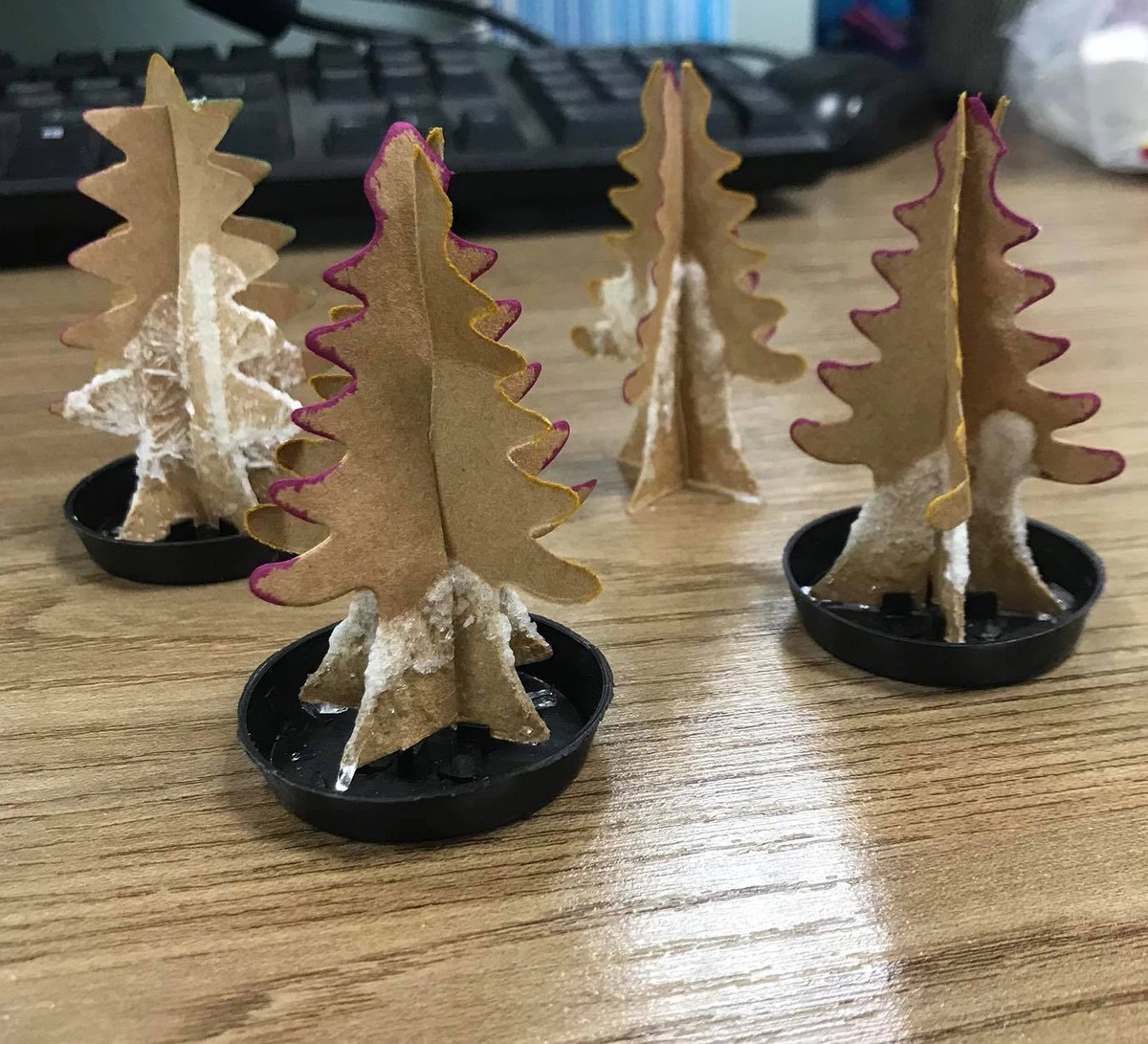 Chỉ với nguyên liệu là 2 mảnh giấy có tô màu ghép lại thành cây thông, một chậu nước đặt phía dưới và đổ một dung dịch "thần kì" lên trên thân cây là trong vòng mấy tiếng đã có ngay một cây thông "nở hoa tuyết" bung tỏa.