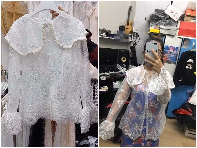 Hình ảnh chiếc áo sơ mi ren trắng shop chụp khá bắt mắt, điệu đà được chau chuốt từ đường may đến kiểu dáng. Tuy nhiên, khi chiếc áo đến tay người mua thì kiểu dáng vẫn vậy nhưng chất vải lại mỏng tang, trong suốt.