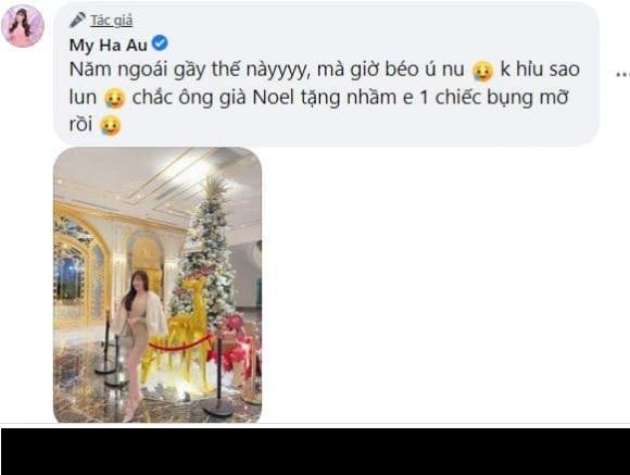 Trước những nghi vấn của nhiều người, Âu Hà My lập tức lên tiếng thanh minh. Cô viết: "Năm ngoái gầy thế này, mà giờ béo ú nu. Không hiểu sao luôn, chắc ông già Noel tặng nhầm em một chiếc bụng mỡ rồi".