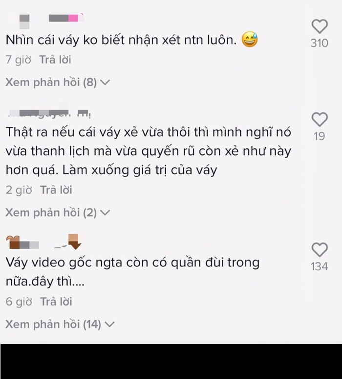 "Nhìn cái váy không mê nổi", "Mình thấy con gái mặc vậy không nên", "Thật ra nếu cái váy xẻ vừa thôi thì vừa thanh lịch, quyến rũ, còn xẻ cao thế này thì làm xuống giá trị của cái váy",...- cư dân mạng bình luận.