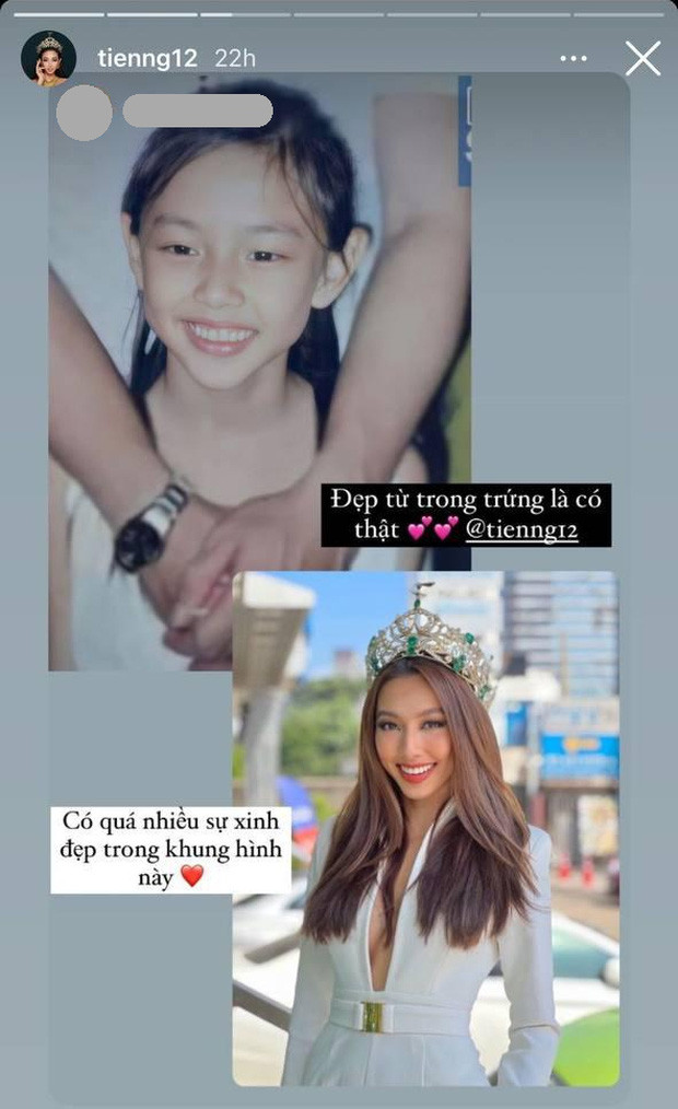 Mới đây, trên trang cá nhân, Hoa hậu Hoà bình Thế giới 2021 đã reup lại một story của fan về ảnh khi còn nhỏ của mình. Người này đã đặt 2 tấm ảnh ngày ấy - bây giờ của Thuỳ Tiên cạnh nhau và viết: "Đẹp từ trong trứng là có thật. Có quá nhiều sự xinh đẹp trong khung hình này".
