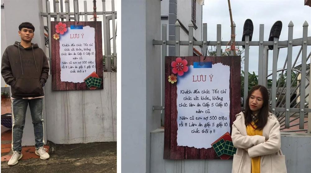 Với nội dung: "Khách đến chúc Tết chỉ chúc sức khỏe, không chúc làm ăn gấp 5 gấp 10 năm cũ. Năm cũ em nợ 500 triệu rồi, gấp 5 gấp 10 chắc thôi ạ", tấm bảng nhanh chóng xuất hiện trên Facebook của nhiều người với mong muốn tương tự gia chủ treo tấm bảng trên.
