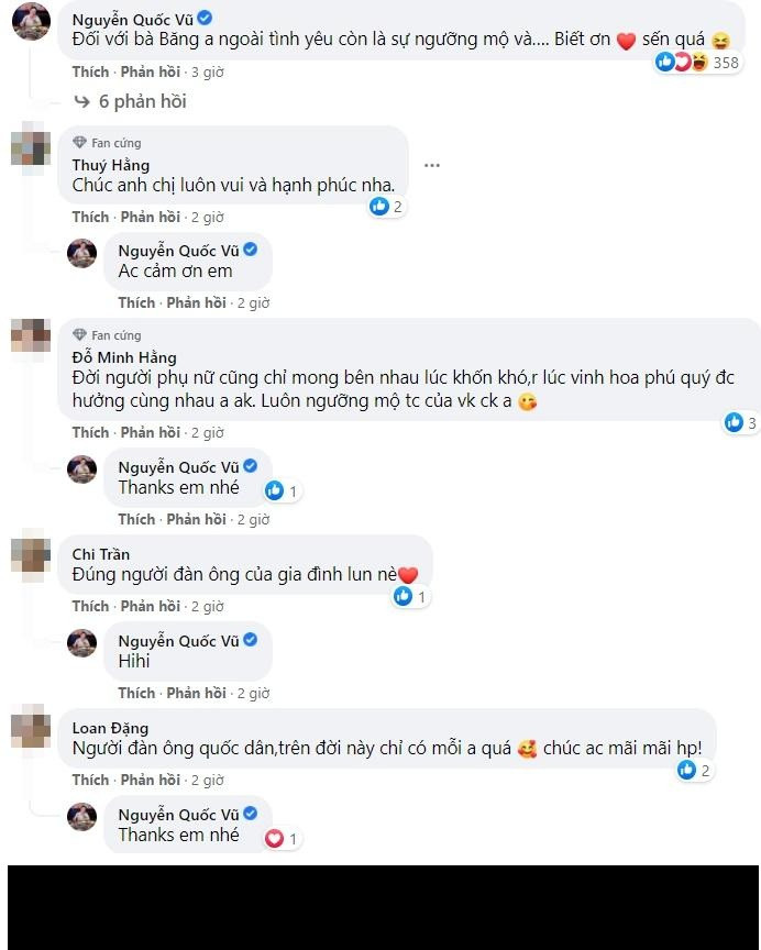 Dưới bài viết, doanh nhân Nguyễn Quốc Vũ còn bày tỏ với mọi người rằng, đối với Đoàn Di Băng - anh ngoài tình yêu còn là sự ngưỡng mộ và rất biết ơn cô.