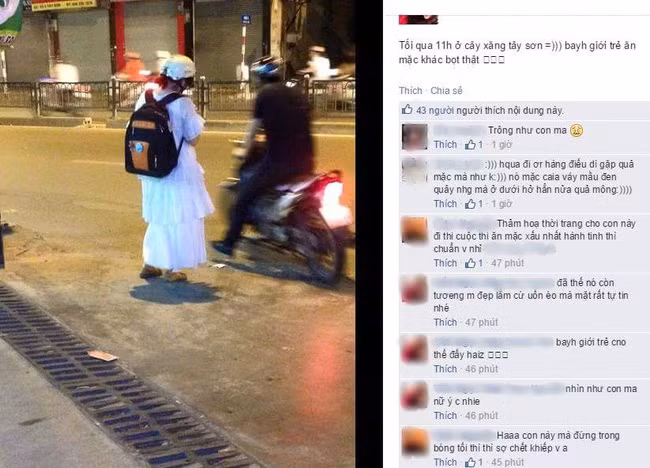 Không giống như nhiều cô gái ăn mặc hở hang, khoe da thịt ra đường bị thiên hạ dèm pha, cô gái trong một bài đăng được dân mạng Việt lan truyền và "ném đá" gần đây lại mặc rất kín đáo. Lý do khiến cô gái này bị chê bai, ném đá không thương tiếc chỉ vì chiếc váy trắng cô mặc khá lùng nhùng với 2-3 tầng, trông rất khác thường và dường như không phù hợp với con gái Việt Nam. Nhiều bạn trẻ đã ví cô gái mặc váy trắng ra đường này với hình ảnh những bóng ma, xuất hiện trong bóng tối sẽ làm người khác giật mình.
