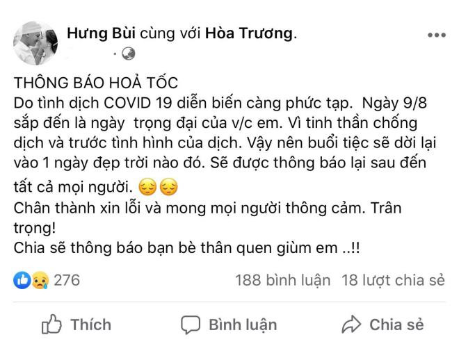 "Chờ hết dịch COVID-19 rồi ta sẽ cưới nhau vợ nhé!" - Hình 2 Thông báo hoãn cưới của cặp đôi tới họ hàng, đồng nghiệp cũng như bạn bè.