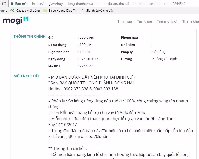 Đất nền khu tái định cư sân bay Long Thành được rao bán trên website https://mogi.vn.