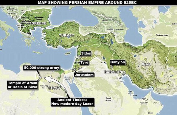 Một giả thuyết cho rằng, đội quân Ba Tư trên gặp phải một cơn bão cát khủng khiếp. Cơn bão này đã chôn vùi toàn bộ 50.000 tướng sĩ Ba Tư khiến họ bỏ mạng tại sa mạc. Thi hài của họ bị chôn sâu dưới lớp cát sa mạc nên mãi không được tìm thấy.