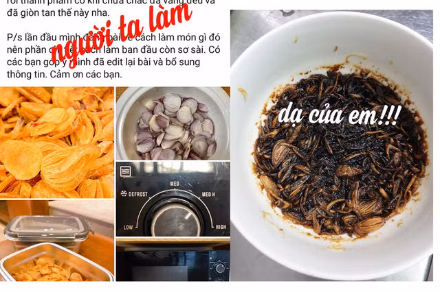 Ảnh trên mạng và thực tế của món hành phi làm bằng nồi chiên không dầu (Nguồn ảnh : Đông Thị Thanh Xuân)