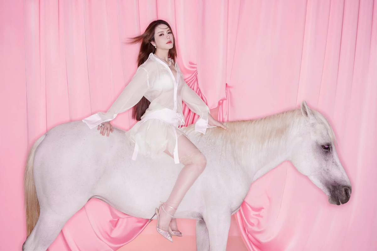 Diễn viên Lý Nhã Kỳ mặc váy xuyên thấu hóa nữ kỵ sĩ. Cô mạo hiểm đứng trên lưng ngựa tạo dáng chụp ảnh, đồng thời tạo nhiều dáng khác nhau trên lưng ngựa. Ảnh: FB Ly Nha Ky