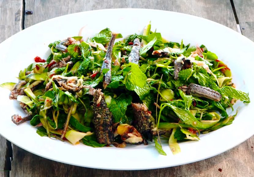 Gỏi dông cũng là món đặc sản nhiều du khách chọn thưởng thức. Chỉ cần một hai con dông, 1 trái xoài keo và chút lá me, rau răm, gia vị… là có thể chế biến.