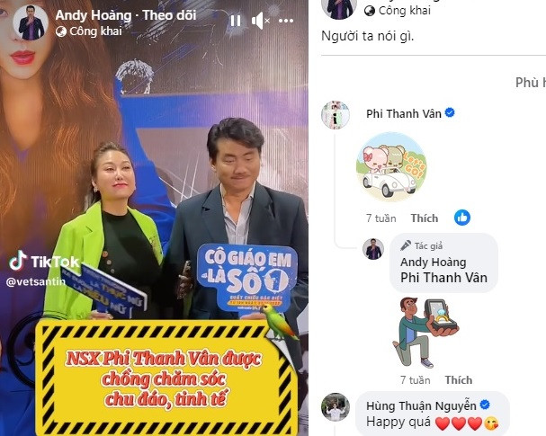 Dù một mực thừa nhận chỉ là tri kỷ nhưng khi Andy Hoàng đăng công khai những lời tình tứ hay bị hiểu nhầm nam diễn viên là "chồng" của mình, bà mẹ một con khá thoải mái thả "icon" bày tỏ niềm hạnh phúc.