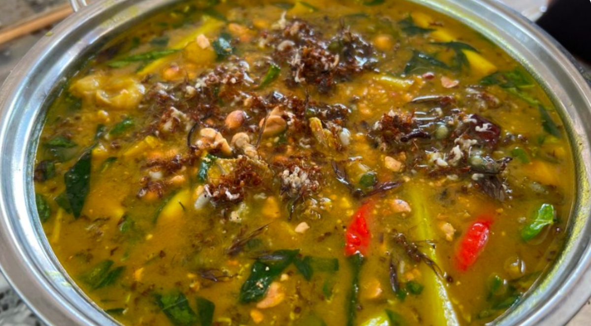 Ngoài bò nướng kiến vàng thì lẩu kiến vàng cũng là món đặc sản độc nhất vô nhị ở vùng Bảy Núi - An Giang. Nguyên liệu để chế biến món ăn này khá dân dã, gồm có kiến vàng, thịt gà hoặc thịt bò, thịt vịt, mắm bồ hóc, lá mắc mật, lá giang…Ảnh: Bách hoá xanh