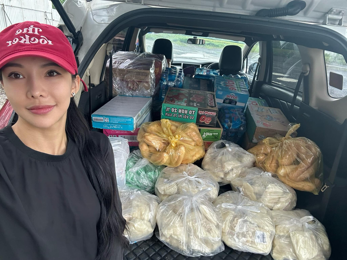 Diễn viên Lưu Đê Ly mang nhu yếu phẩm hỗ trợ bà con vùng lũ. Ảnh: FB Lưu Đê Ly