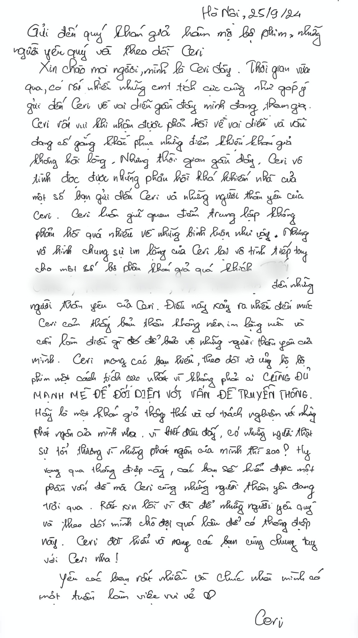 “Ceri mong các bạn theo dõi và ủng hộ bộ phim một cách tích cực nhất vì không phải ai cũng đủ mạnh mẽ để đối diện với vấn đề truyền thông. Hãy là một khán giả thông thái và có trách nhiệm với những phát ngôn của mình. Vì biết đâu đấy có những người thật sự tổn thương vì những phát ngôn của các bạn thì sao", cô bày tỏ trong tâm thư. Ảnh: FB Thu Hà