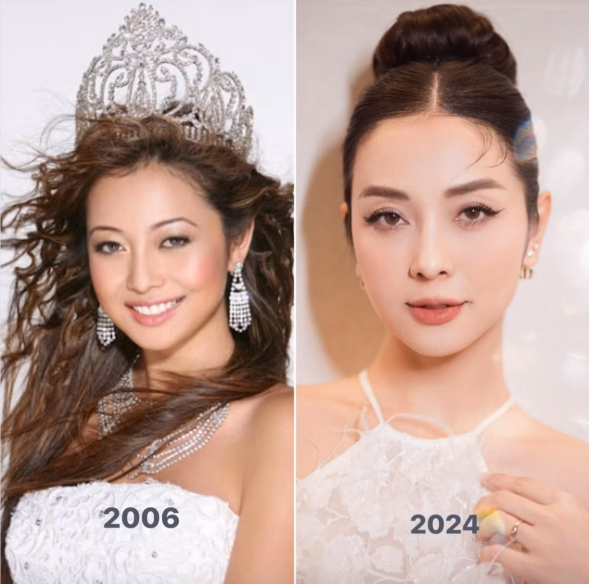 Hoa hậu Jennifer Phạm chia sẻ bức ảnh từ 18 năm trước khi vừa đăng quang Miss Asia USA 2006 (Hoa hậu châu Á tại Mỹ) bên cạnh bức ảnh chụp năm 2024. Ảnh: FB Jennifer Pham
