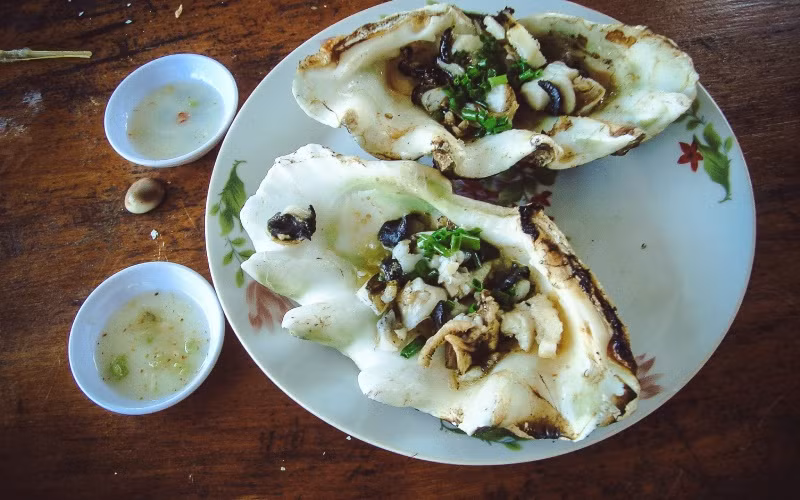 Một loại hải sản nữa cũng được xem là món đặc sản của Côn Đảo là ốc tai tượng. Loài ốc này có kích thước rất lớn, trông hệt như vành tai của con voi. Thịt ốc tai tượng dai giòn sần sật, hương vị thơm ngon, bổ dưỡng khiến mọi du khách đều phải thích mê.