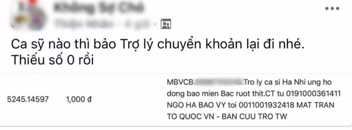 Theo đó, cư dân mạng soi ra được một giao dịch ủng hộ có ghi: “Trợ lý ca sĩ Hà Nhi ủng hộ đồng bào miền Bắc ruột thịt”. Số tiền ủng hộ là 1.000 đồng, khiến dân mạng đặt câu hỏi khác xa so với số tiền 50 triệu đồng mà Hà Nhi đã đăng tải trước đó. Ảnh: Saostar
