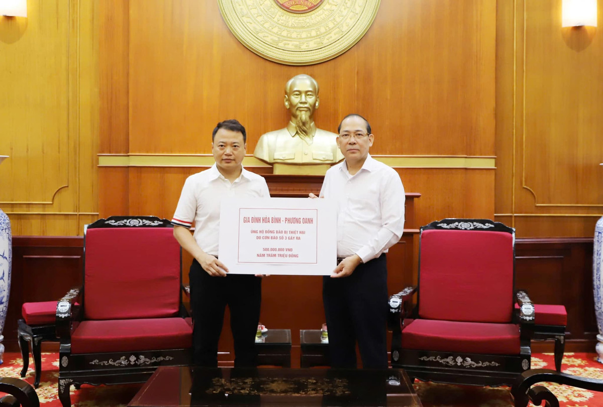 Trước phản ứng của dư luận, diễn viên Phương Oanh đáp trả, cô đăng tải hình ảnh Shark Bình đến trụ sở Ủy ban Trung ương Mặt trận Tổ quốc Việt Nam để trao số tiền tượng trưng bằng bảng ghi nhận đã ủng hộ trị giá 500 triệu đồng. Ảnh: FB Đỗ Phương Oanh