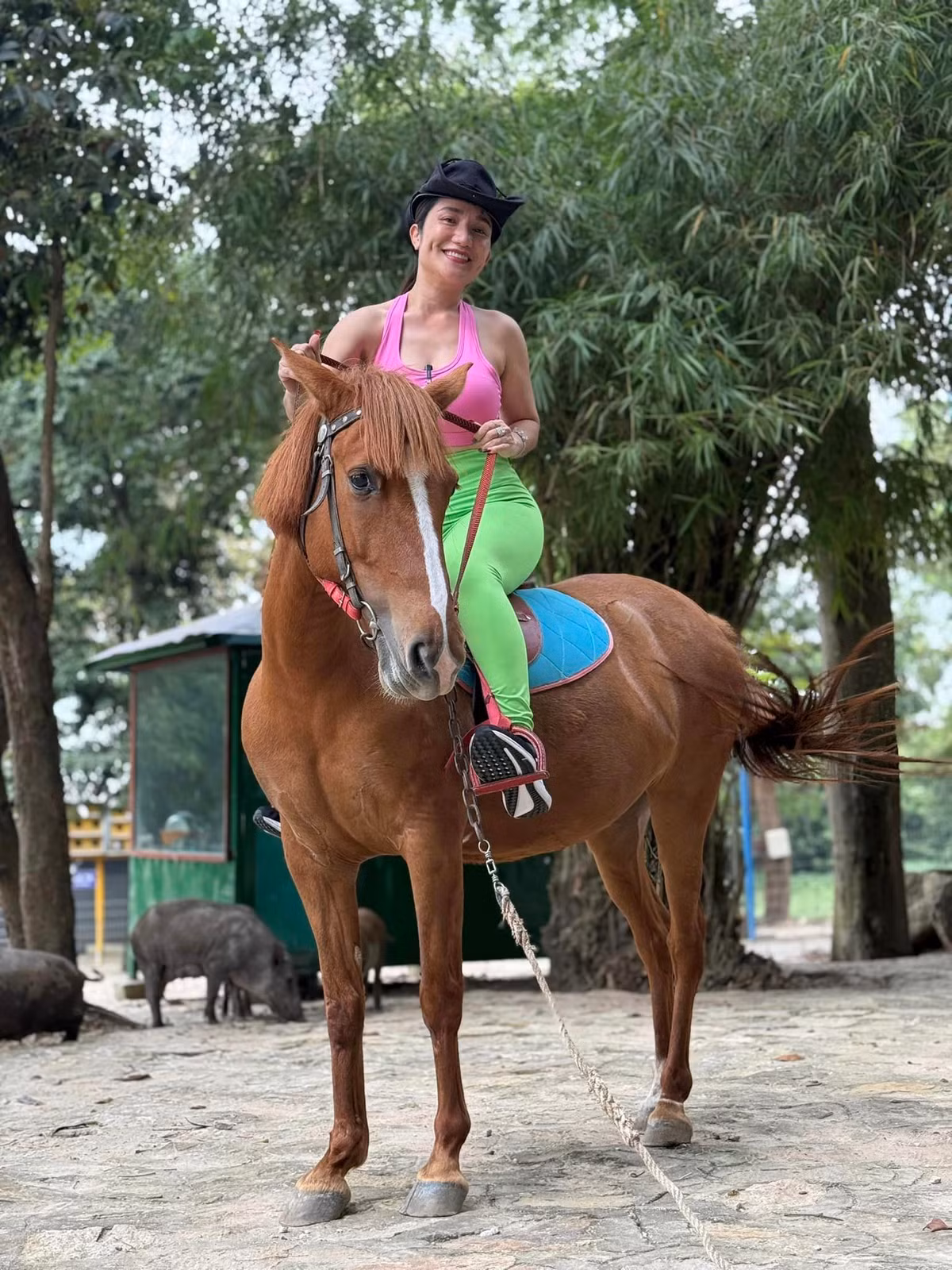 Cát Tường cưỡi ngựa và viết: "Ngựa hoang nào giẫm nát tơi bời. Nhưng đời làm ngựa hoang chết gục!". Ảnh: FB Nguyễn Trí Cát Tường