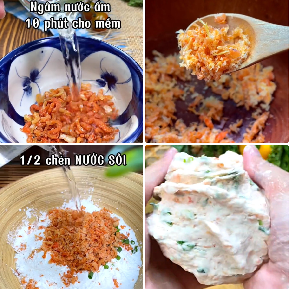 Cách làm bánh chị khá dễ dàng, bột năng sau khi trộn đều với nước sôi sẽ tạo thành một khối bột dẻo dai. Hành lá và tôm khô được băm nhỏ, trộn đều với bột tạo nên những chiếc bánh nhỏ nhắn, tròn trịa. Ảnh: @dienmayxanh