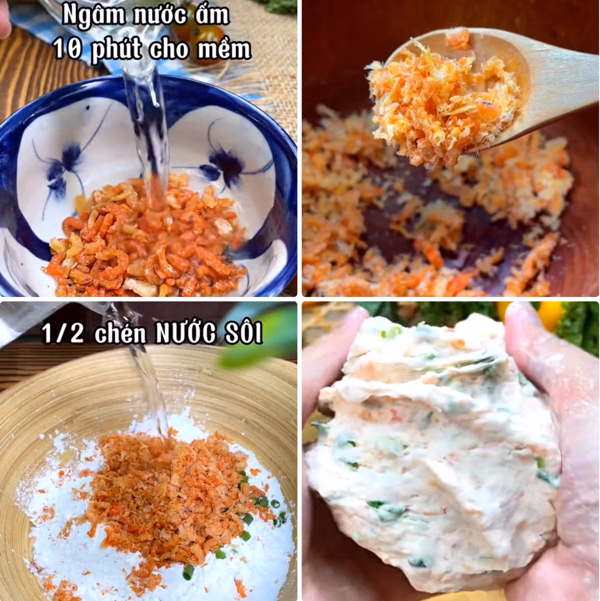 Cách làm bánh chị khá dễ dàng, bột năng sau khi trộn đều với nước sôi sẽ tạo thành một khối bột dẻo dai. Hành lá và tôm khô được băm nhỏ, trộn đều với bột tạo nên những chiếc bánh nhỏ nhắn, tròn trịa. Ảnh: @dienmayxanh