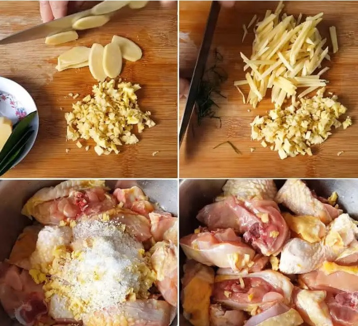 Để thực hiện món ăn này, bạn cần ướp gà đã sơ chế sạch và cắt miếng vừa ăn trong khoảng 20 - 25 phút để gà thấm gia vị. Sau đó, cho gà vào rang trước. Sau khi gần được, nêm nếm lại một lần nữa cho vừa ăn rồi cho gừng thái sợi vào. Tiếp tục rang thêm 5 phút rồi tắt bếp. Rắc thêm lá chanh lên món ăn để tăng hương vị. Ảnh: Hapigo.