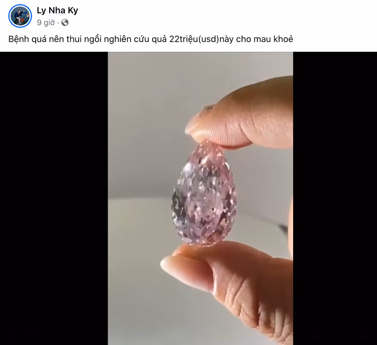 Mới đây, diễn viên Lý Nhã Kỳ chia sẻ đoạn video ngắn về viên kim cương màu tím hình oval kèm dòng chia sẻ: "Bệnh quá nên thui ngồi nghiên cứu quả 22 triệu (USD) này cho mau khoẻ".