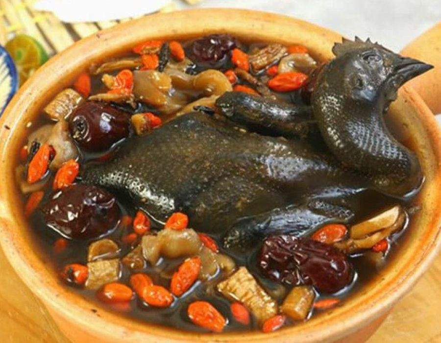  Gà ác hầm ngũ bội tử: Gà ác 1 con, ngũ bội tử 30g, hành, rượu gia vị đủ dùng. Cách chế: Gà ác làm lông bỏ nội tạng, chặt miếng. Phi thơm hành cho ngũ bội tử, thịt gà, rượu vào xào săn rồi đổ nước hầm 45 phút sau đó nêm bột ngọt, gia vị vào là dùng được. Ăn cùng cơm. Món ăn có tác dụng cố tinh, cầm máu, giải độc, những người bị tiêu chảy, xuất tinh sớm, đại tiện ra máu nên dùng. Ảnh minh họa