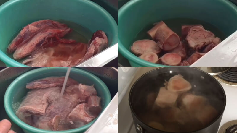 Sơ chế nguyên liệu là bước đầu tiên cần phải làm: Rửa sạch xương ống, thịt bò, các loại gia vị. Hành tây, hành tím nướng sơ qua để tạo màu và hương thơm cho nước dùng. Ảnh: Bách hoá Xanh