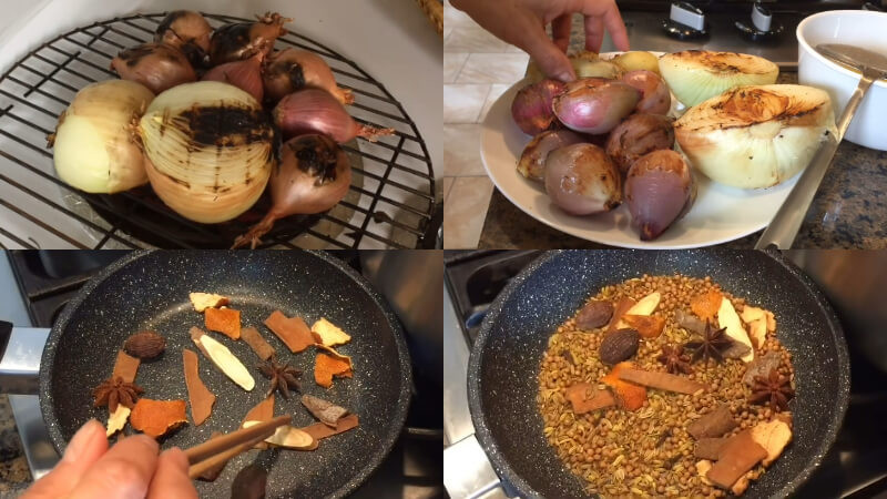 Bước tiếp theo bạn cần nấu nước dùng, cho xương ống, thịt bò nạm, bắp bò, hành tây, hành tím nướng, gia vị vào nồi, đổ ngập nước. Đun sôi, hớt bọt, hạ nhỏ lửa hầm trong khoảng 8-10 tiếng. Ảnh: Bách hoá Xanh