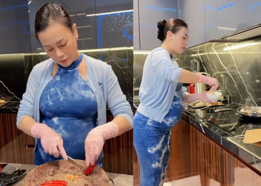 Mặc dù mang thai đôi khá nặng nề nhưng nữ diễn viên "Hương vị tình thân" rất chăm chỉ vào bếp nấu ăn cho chồng.