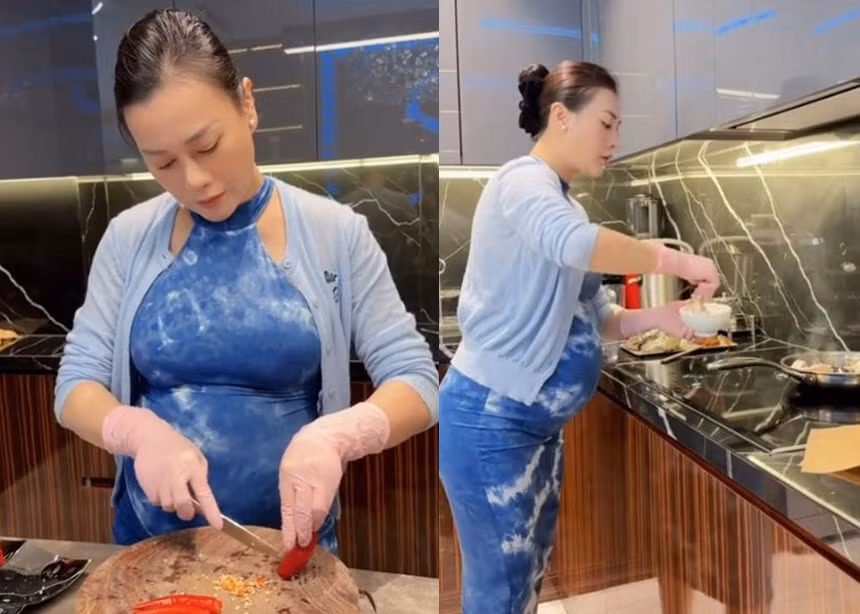 Mặc dù mang thai đôi khá nặng nề nhưng nữ diễn viên "Hương vị tình thân" rất chăm chỉ vào bếp nấu ăn cho chồng.